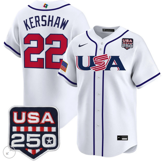 Men Team USA World Baseball Classic 250 America Patch #22 Clayton Kershaw white 2026 MLB Jersey